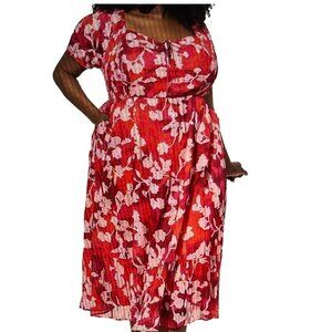 Torrid Midi Cotton Clip Dot Lace Up Short Sleeve Smocked Red Dress, 2, 2X, 18/20